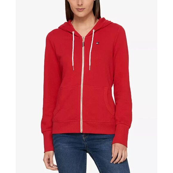 Tommy Hilfiger Womens Hoodie Red Size Medium Zip Up Pullover French Terry Preppy - Picture 1 of 7